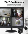 24/7 surveillance monitor displaying security footage for home and office, featuring multiple camera views.