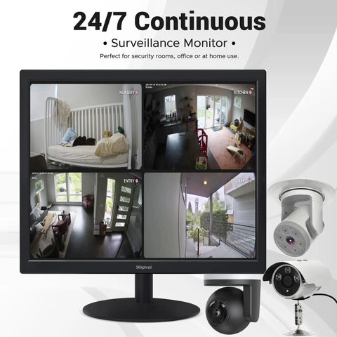 24/7 surveillance monitor displaying security footage for home and office, featuring multiple camera views.