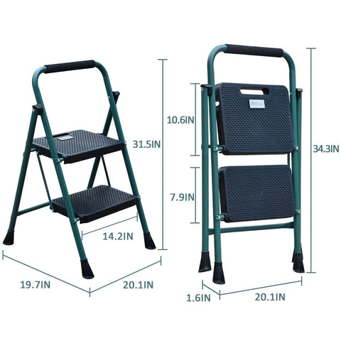 Five Foot Folding Step Ladder With Wide Anti Slip Pedals, Heavy Duty Steel Build, shown folded and opened, Green.