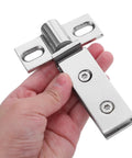 Close-up of Heavy Duty Stainless Steel Glass Door Pivot Hinge For Shower, Concealed Double-Hole Bath Door Hinge, 304 Stainless, Bright Finish.