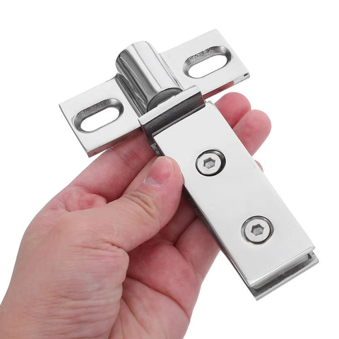 Close-up of Heavy Duty Stainless Steel Glass Door Pivot Hinge For Shower, Concealed Double-Hole Bath Door Hinge, 304 Stainless, Bright Finish.