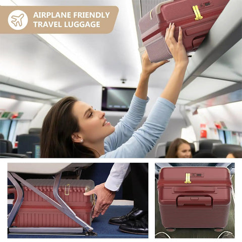 Person places red Carry On Luggage With Removable Spinner Wheels And Built In TSA Lock 18 Inch Hard Shell in overhead bin