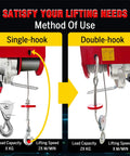 Electric hoist 2-in-1 infographic showing front view of single-hook and double-hook setups with wire rope and hooks.