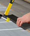 NAACOO tapping block for vinyl plank flooring with three edges, shown with yellow-handled mallet.