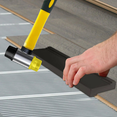 NAACOO tapping block for vinyl plank flooring with three edges, shown with yellow-handled mallet.