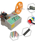 Hot And Cold Cutting Textile Cutter For Webbing Ribbon And Zipper With Handguard Blade Cover Adjustable Temperature And Out Of Material Alarm Auto Tape Cutter For Knitwear Leather Plastic All In One Pro featuring control panel and reels