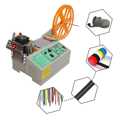 Hot And Cold Cutting Textile Cutter For Webbing Ribbon And Zipper With Handguard Blade Cover Adjustable Temperature And Out Of Material Alarm Auto Tape Cutter For Knitwear Leather Plastic All In One Pro featuring control panel and reels
