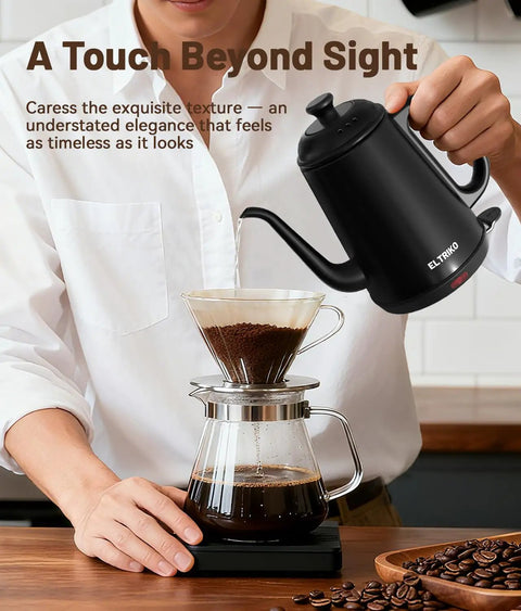 Gooseneck Electric Kettle For Epic Pour Over Coffee And Tea, 1L Stainless Steel Boiler, 1000W Fast Heat, Auto Shut Off, Sleek Black pour