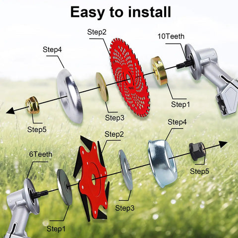 Exploded view of All In One Steel Trimmer Head With Beefy 6 Blade Razors And 36 Tooth Brush Cutter Blade 65Mn Steel Universal Adapter Kit