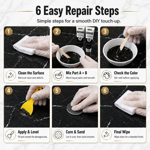 Step-by-step guide using Black Tub And Tile Repair Kit 5.6 Oz Epoxy Putty For Bathtub And Countertop Restoration on black surface.