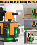 Green Laser Level Self Leveling Tool with 12 Line Lasers and mounting options displayed, attached to wall bracket.