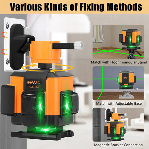 Green Laser Level Self Leveling Tool with 12 Line Lasers and mounting options displayed, attached to wall bracket.