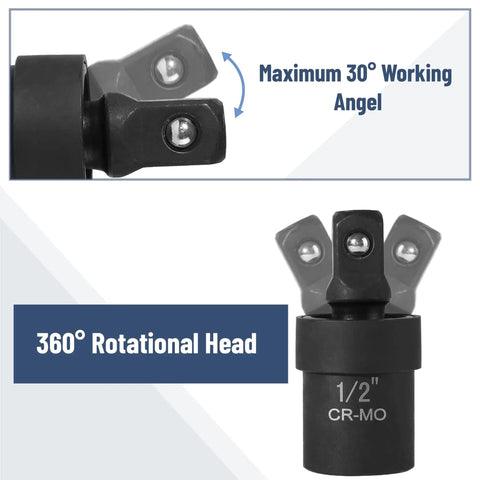 Universal Joint Socket Adapter Set For Drills And Impact Drivers, Six Piece, One Half Inch, One Quarter Inch, Three Eighths Inch Swivel Adapters, Chrome Molybdenum Steel Construction, Heavy Duty Durability; 1/2 CR-MO, 360° head