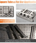 Adjustable Welding Table Fixture Pins Eight Pack Pro Grade Set shown securing square tubes on a perforated welding table.