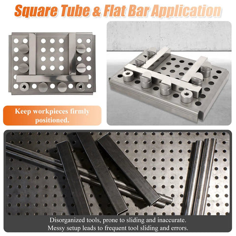 Adjustable Welding Table Fixture Pins Eight Pack Pro Grade Set shown securing square tubes on a perforated welding table.