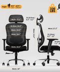 Ergonomic Mesh Office Chair With 3D Lumbar Support And 3D Armrests, V Shaped Back, Height And Tilt Adjustable, dimensions displayed.