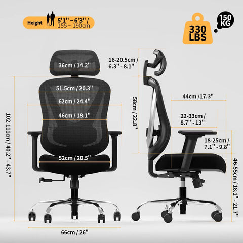 Ergonomic Mesh Office Chair With 3D Lumbar Support And 3D Armrests, V Shaped Back, Height And Tilt Adjustable, dimensions displayed.