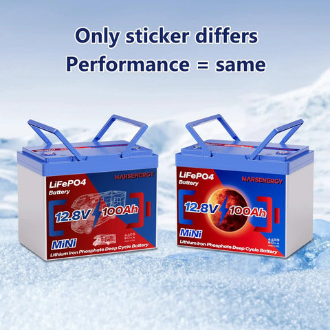 Two 12V 100Ah LiFePO4 batteries with built-in 100A smart BMS for RVs and marine use, pictured in a snowy landscape.