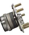 Side view of AWD Rear Wheel Bearing And Hub Assembly With ABS For 2008 Through 2015 Mitsubishi Lancer And 2007 Through 2013 Outlander 5 Lug Vehicles Direct Fit Replacement OEM Quality Durable Performance, showing metal structure, bolts, and encoder