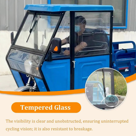 Ride-Ready Electric Cargo Tricycle Canopy With Heavy-Duty Three-Wheel Cover, Manual Wipers And Side Doors, All-Season Tarpaulin For Trikes And Electric Cargo Bikes, Weatherproof Gray 100cm, tempered glass front view