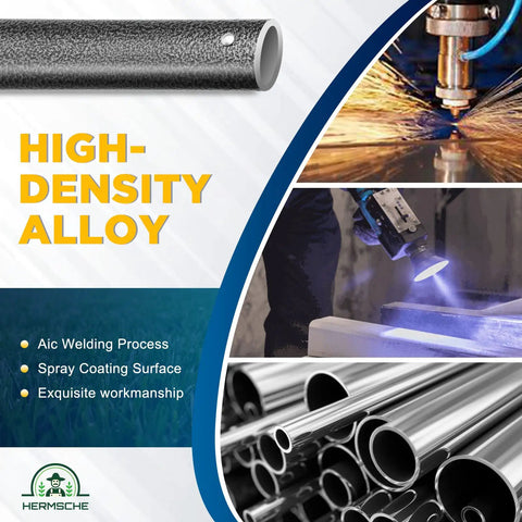 High-density alloy manufacturing process with images of welding, spraying, and finished metal pipes.