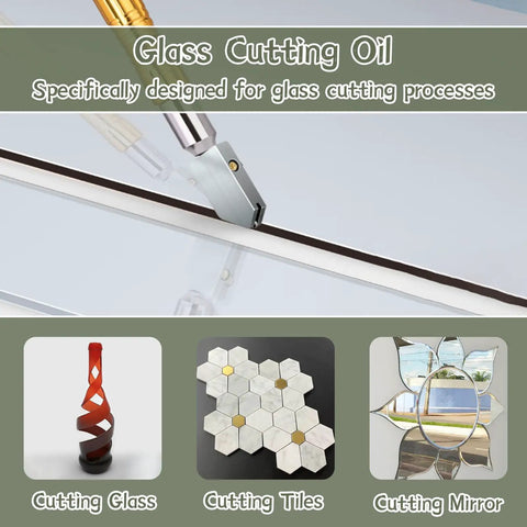 All Glass Cutting Tools Oil For Smooth Cuts And Long Tool Life, 100ml glass cutting oil in use on glass surface with cutter.