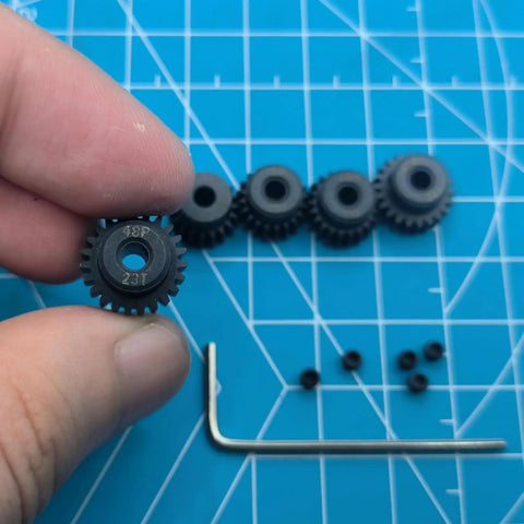 Heavy Duty Hardened Steel RC Pinion Gear Set 19 To 23 Teeth 3 MM Bore 48P Pitch Upgrades For Traxxas Slash close-up of 23T gear.