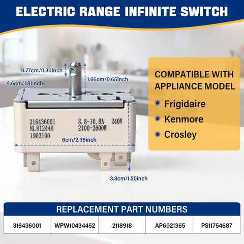 8 Inch Range Infinite Switch Replacement for Electric Ovens and Stoves Burner Control with dimensions and compatibility