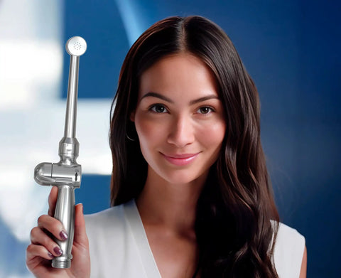 Woman holding Aquaus 360 All Brass Handheld Bidet Sprayer for Toilet with Ergonomic Dual Thumb Controls, NSF certified