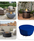 Collage featuring Tough As Nails All Weather Round Fire Pit Cover for 30 Inch Diameter Pits, blue cover secured on fire pit.