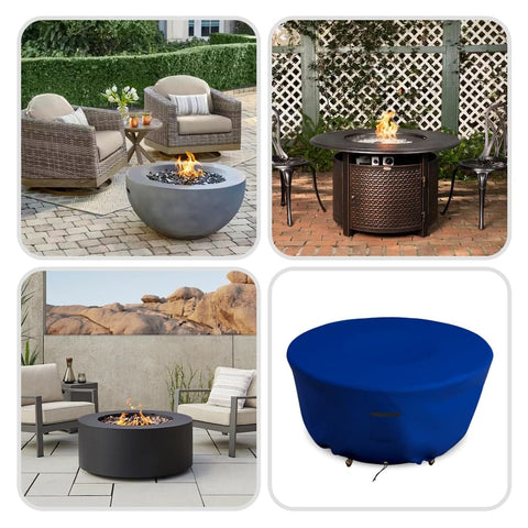Collage featuring Tough As Nails All Weather Round Fire Pit Cover for 30 Inch Diameter Pits, blue cover secured on fire pit.