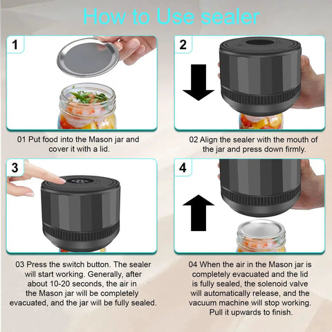 Instructions for Electric Mason Jar Vacuum Sealer Kit With Auto Stop For Wide Mouth And Regular Mouth Jars in four steps