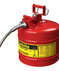Heavy Duty Galvanized Steel Gasoline Safety Can With Slick Squeeze Lever And Zero Stress Flow Control For Rough Job Site Transfers And Mechanic Bay Runs In Bold Red - close-up of fuel container and nozzle.