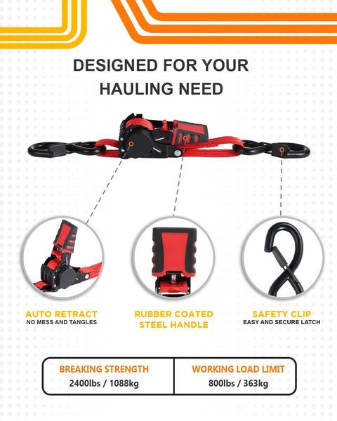 Retractable Ratchet Straps For Boats And Jet Skis 1 Inch By 2.5 Feet Heavy Duty Transom Tie Downs 2 Pack with safety S hooks and red handle.