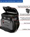 Soft Sided Cooler With Hard Body Liner And Smart Shelf Insulated Bag For Lunch And Travel, 16 Can Capacity, Sharkskin Gray Deep Freeze Insulation With Radiant Heat Barrier, Shoulder Strap Grab-And-Go Portable Cooler For Picnics And Travel with open lid showing features.
