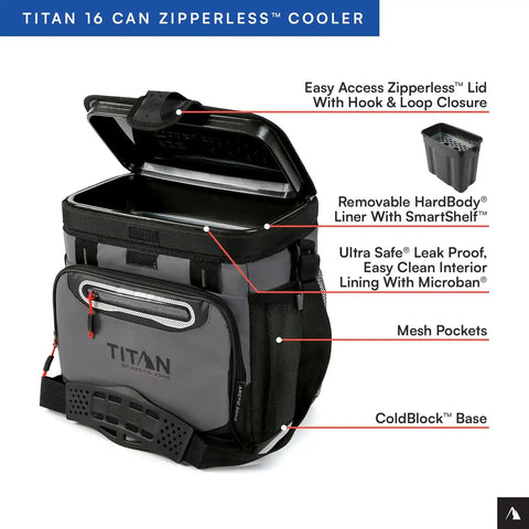 Soft Sided Cooler With Hard Body Liner And Smart Shelf Insulated Bag For Lunch And Travel, 16 Can Capacity, Sharkskin Gray Deep Freeze Insulation With Radiant Heat Barrier, Shoulder Strap Grab-And-Go Portable Cooler For Picnics And Travel with open lid showing features.