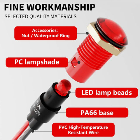 Red PC lampshade of 10 Pack 8mm LED Indicator Lights IP67 Waterproof Panel Mount 5V To 24V Low Power for Car Truck Boat Marine Dash