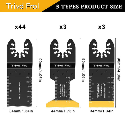 Tough As Nails Heavy Duty Titanium Coated Multitool Blades 50 Pack Universal Oscillating Saw Replacement Kit showing three blade types.