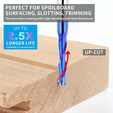 EANOSIC upcut spiral router bit, 3/16 in dia, 1/4 in shank, solid carbide with blue coating for wood carving