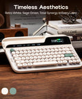 Dope Wireless Retro Typewriter Mechanical Keyboard With Screen And Smooth Rotary Knob Plus Premium Round Pbt Keycaps For Hot Swappable Switches And Custom Rgb Lighting Alongside A Comfy Wrist Rest For Epic Pc Mac Gaming Vibes And Daily Work on a wooden desk with vintage decor.