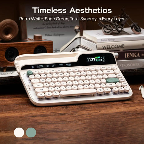 Dope Wireless Retro Typewriter Mechanical Keyboard With Screen And Smooth Rotary Knob Plus Premium Round Pbt Keycaps For Hot Swappable Switches And Custom Rgb Lighting Alongside A Comfy Wrist Rest For Epic Pc Mac Gaming Vibes And Daily Work on a wooden desk with vintage decor.