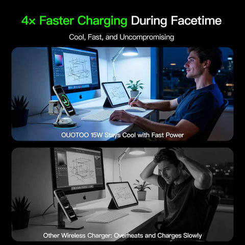 3 In 1 Wireless Charging Dock For iPhone AirPods And Apple Watch With MagSafe Stand Fast Charge Mess Free Desk Setup Works With iPhone 17 Through 12 Magnetic Charger Station For Home Or Office shown on desk.