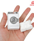 Big Time Hit Miniature Washing Machine Featuring Smooth Operable Lid And 1/12 Scale White Towel Set Serious Flex For Dollhouse Furniture And Cozy Room Decor Display Collection held in hand.