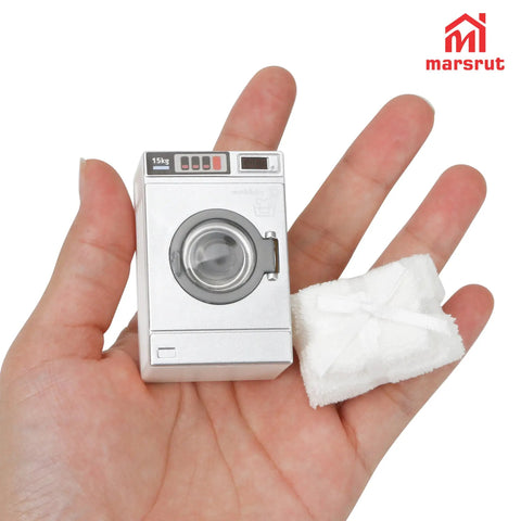 Big Time Hit Miniature Washing Machine Featuring Smooth Operable Lid And 1/12 Scale White Towel Set Serious Flex For Dollhouse Furniture And Cozy Room Decor Display Collection held in hand.