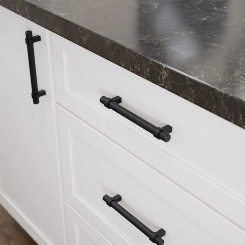 Matte Black Cabinet Handles 5-1/16 Inch Center to Center 128mm Drawer Pulls in a modern kitchen setting