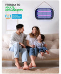 LED Bug Zapper Indoor Dual Band Attraction Mosquito Killer With 50,000 Hour Long Lasting LED on a wall above a family on sofa