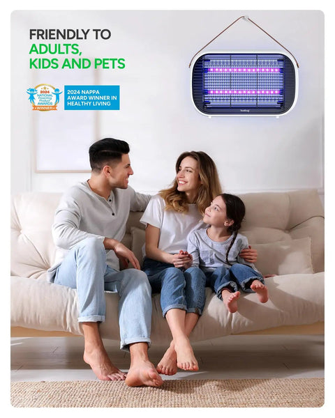 LED Bug Zapper Indoor Dual Band Attraction Mosquito Killer With 50,000 Hour Long Lasting LED on a wall above a family on sofa