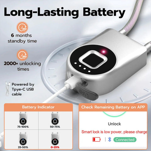 Biometric Cable Lock With Fingerprint And Bluetooth App Control, showing USB-C charging port and battery indicator features.