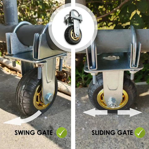 Built Tough 5 Inch Gate Support Wheel for Farm and Ranch Gates with Metal Bracket Zinc Finish and Rugged Rubber Tire on pipes