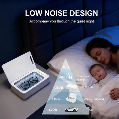 Slick Ultrasonic Jewelry Cleaner Machine With Four Hundred Fifty Milliliter Tank And Three Timer Modes To Deep Clean Rings Eyeglasses Watches And Toothbrush Heads Real Quick on bedside table.